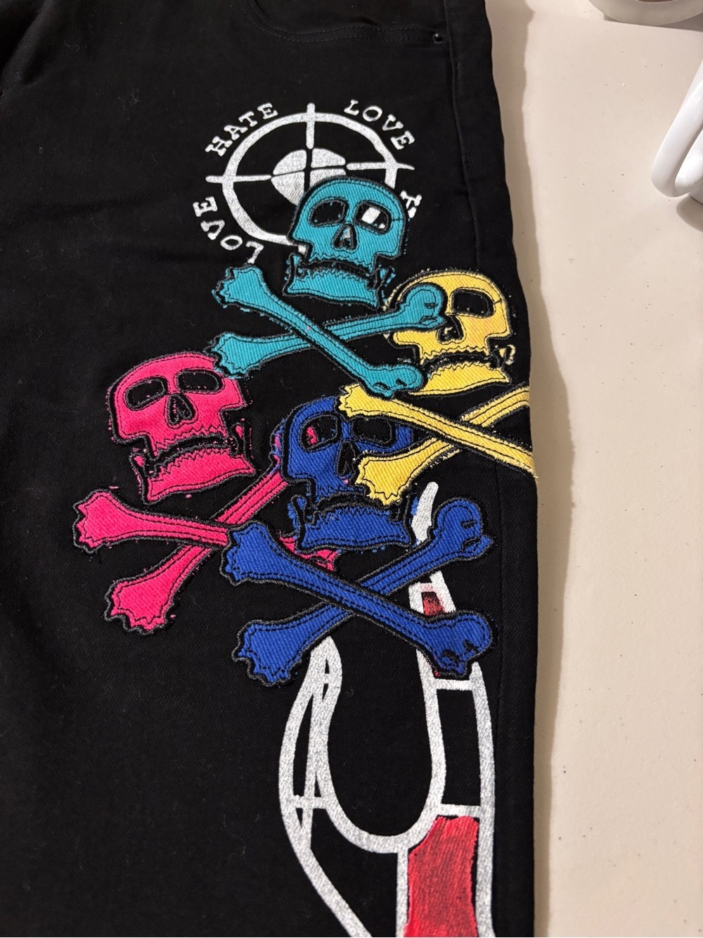 Crysp Denim Y2K Black Jorts Size 42 Ethmoid Skull Patch Jean Skinny Streetwear - Picture 3 of 11